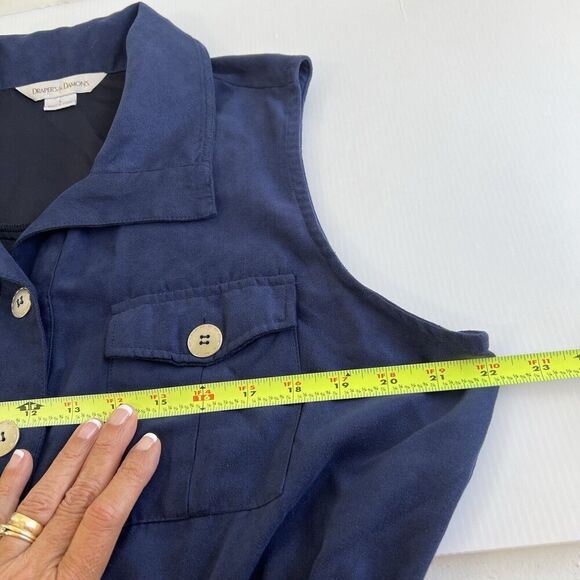Drapers & Damons Vest Large Navy Blue Utility Pockets Cinch Waist Gold Buttons - Picture 9 of 11